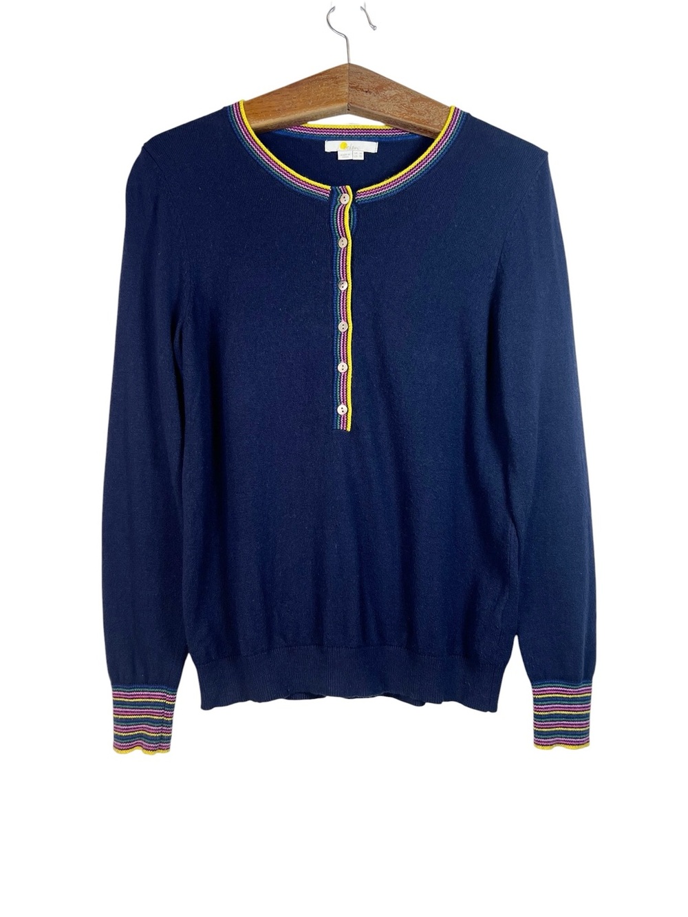 Boden Blue Navy Henley Sweater Classic Rainbow Stripes Size 10 Soft Preppy